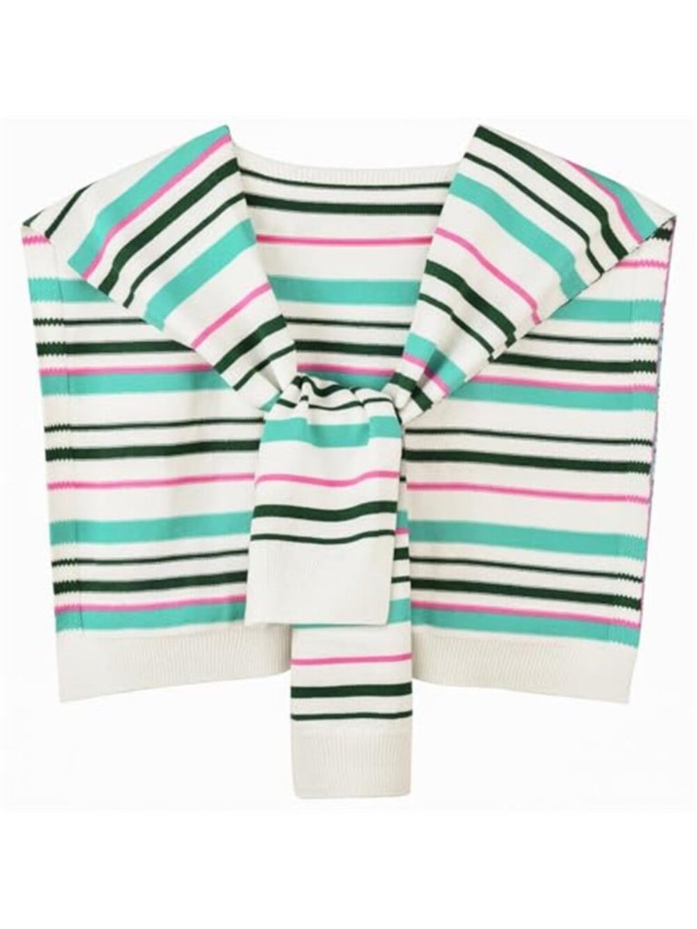 Knit Sweater Green Stripe Shawl Wrap Knotted Shoulder Cape Lightweight Scarf